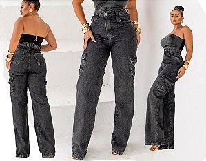 Calça Jeans Wide Leg Cargo Grafit