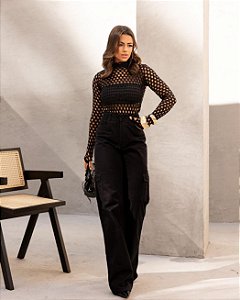 Calça Jeans Cargo Wide Leg Black Premium