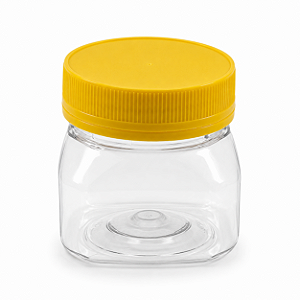 Pote 180ml / 250g Quadrado Transparente com Tampa Rosca Amarela – Ideal para Embalagem de Mel
