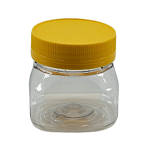 Pote 180ml / 250g Quadrado Transparente com Tampa Rosca Amarela – Ideal para Embalagem de Mel