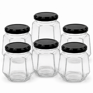 20 Potes de Vidro Sextavado 230ml com Tampa Preta – Ideal para Mel e Conservas