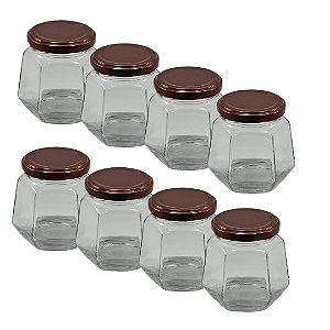20 Potes de Vidro Sextavado 230ml com Tampa Cobre – Ideal para Mel e Conservas