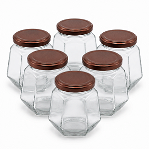 20 Potes de Vidro Sextavado 230ml com Tampa Cobre – Ideal para Mel e Conservas