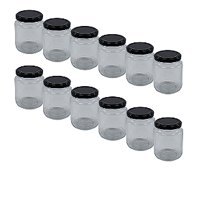 24 Potes de Vidro Belém 240ml com Tampa Preta – Ideal para Mel, Geleias e Doces
