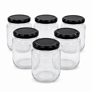 24 Potes de Vidro Belém 240ml com Tampa Preta – Ideal para Mel, Geleias e Doces