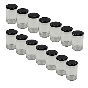 24 Potes de Vidro Andino 360ml com Tampa Preta – Ideal para Mel, Geleias e Doces
