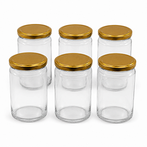 24 Potes de Vidro Andino 360ml com Tampa Dourada – Ideal para Mel, Geleias e Doces