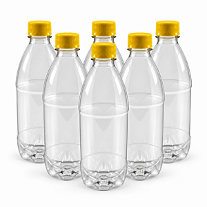 55 Garrafas 500 / 575 ml PET Cristal com Tampa Rosca e Lacre – Tampa Amarela