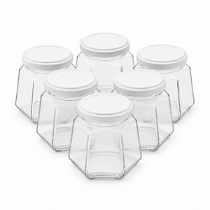 20 Potes de Vidro Sextavado 230ml com Tampa Branca – Ideal para Mel e Conservas