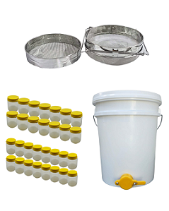 Kit Envase de Mel Completo (Balde 20L + Peneiras Inox + 40 Potes)