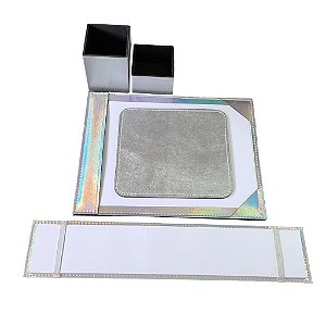 Kit Risque A4, Risque Teclado + Refil de Papel, Mouse Pad, Porta Objetos - Prata com Glitter