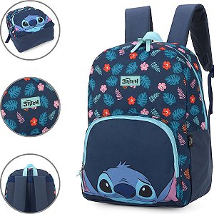 Stich - Mochila Escolar Juvenil Grande com Bolso Frontal Azul