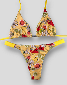 Conjunto Top Cortininha com Calcinha Marquinha Frutas Tropicais Amarelo