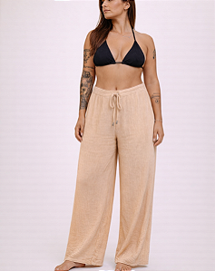 Calça Pantalona Algodão Rústico Bege