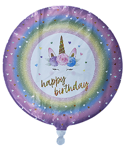 Balão metalizado redondo 18 polegadas - Happy Birthday Unicórnio