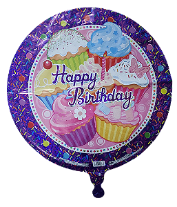 Balão metalizado redondo 18 polegadas - Happy Birthday Cupcake