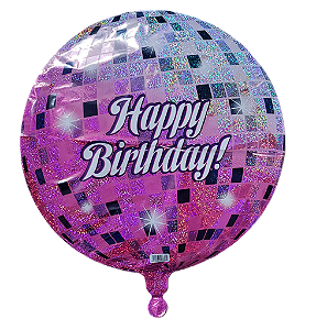 Balão metalizado redondo 18 polegadas - Happy Birthday Discoteca