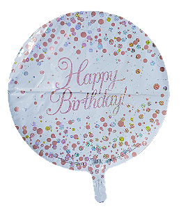 Balão metalizado redondo 18 polegadas - Happy Birthday Bolinhas Brilhantes