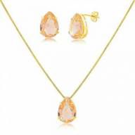 Conjunto Gota de Pedra Fusion Morganita Folheado a Ouro 18K
