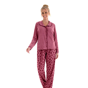 Pijama Manga Longa com Botões e Calça - Vinho