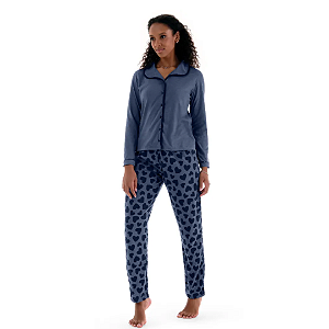 Pijama Manga Longa com Botões e Calça - Azul