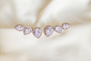 Brinco Ear Cuff Gotas Cristais Ouro Branco