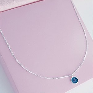 Colar com Pingente Zirconia Azul Redonda Prata 925