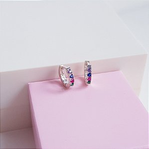 Argola Clique 9mm Cravejada Zirconias Coloridas Prata 925