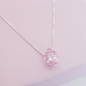 Colar com Pingente Zirconia Gota Rosa Prata 925