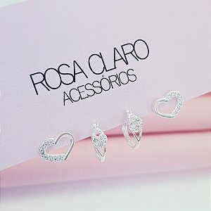 Kit Brinco e Argola com Detalhes Coração Cravejado Zirconia Prata 925