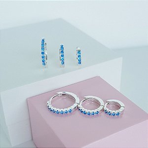 Trio Argolas Cliques Cravejadas Azul London Prata 925