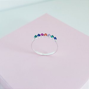 Anel Aparador 7 Zirconias Coloridas Prata 925