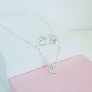 Conjunto Colar e Brincos Zirconia Gota Prata 925