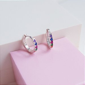Argola Clique 12mm Cravejada Zirconias Coloridas Prata 925