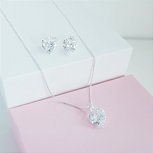 Conjunto Colar e Brincos Zirconia Coração Prata 925