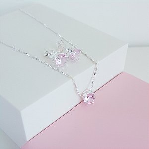 Conjunto Colar e Brincos Zirconia 6mm Rosa Claro Prata 925