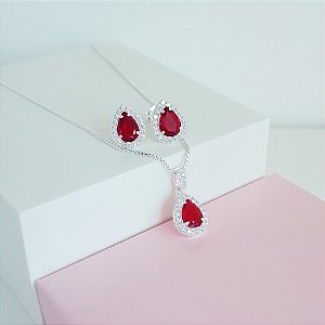 Conjunto Colar e Brincos Zirconia Vermelha Gota Cravejado Prata 925