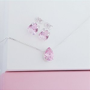 Conjunto Colar e Brincos Zirconia Gota Rosa Claro Prata 925