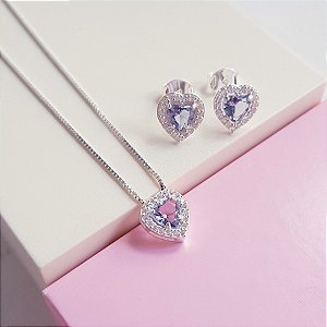 Conjunto Colar e Brincos Zirconia Coração Lilas Prata 925