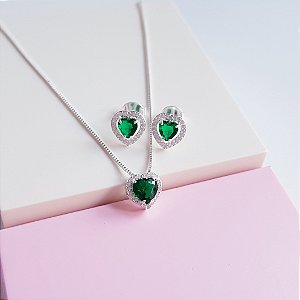Conjunto Colar e Brincos Zirconia Coração Verde Esmeralda Prata 925