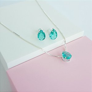 Conjunto Colar e Brincos Zirconia Gota Verde Claro Prata 925