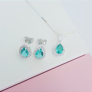 Conjunto Colar e Brincos Zirconia Gota Verde Claro Cravejado Prata 925
