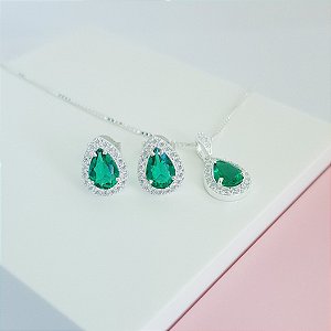 Conjunto Colar e Brincos Zirconia Gota Verde Esmeralda Cravejado Prata 925