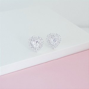 Brinco Zirconia Coração com Borda Cravejada Prata 925