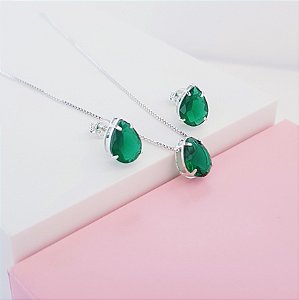 Conjunto Colar e Brincos Zirconia Gota Verde Esmeralda Prata 925