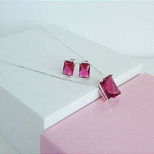 Conjunto Colar e Brincos Zirconia Rosa Escuro Retangular Prata 925