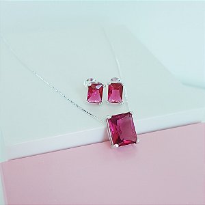 Conjunto Colar e Brincos Zirconia Rosa Escuro Retangular Prata 925