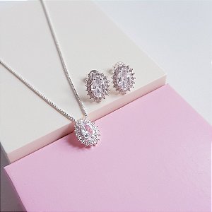Conjunto Colar e Brincos Zirconia Oval Prata 925