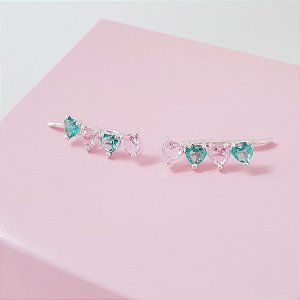 Brinco Ear Cuff Zirconias Verde e Rosa Prata 925