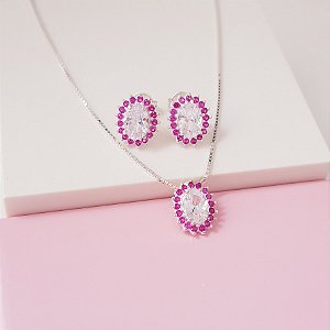 Conjunto Colar e Brinco Zirconia Cravejada Rose Prata 925